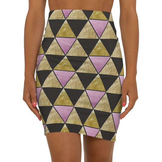 Like a star stylish mid-waist pencil skirt with geometric triangle pattern in pink, black, and gold colors