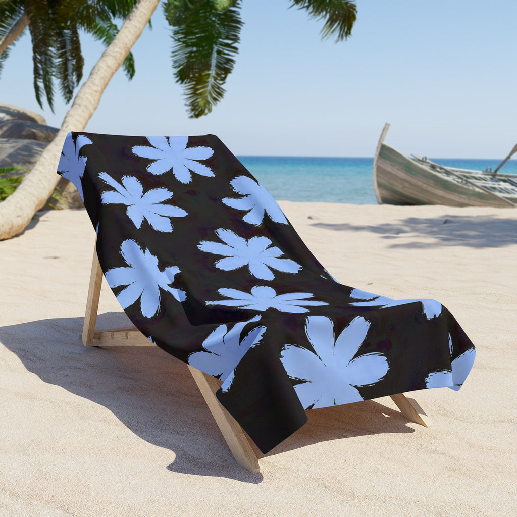 Blue Daisy Floral Beach Towel — Black Background Summer Beach Towel