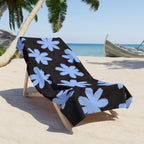 Blue Daisy Floral Beach Towel — Black Background Summer Beach Towel