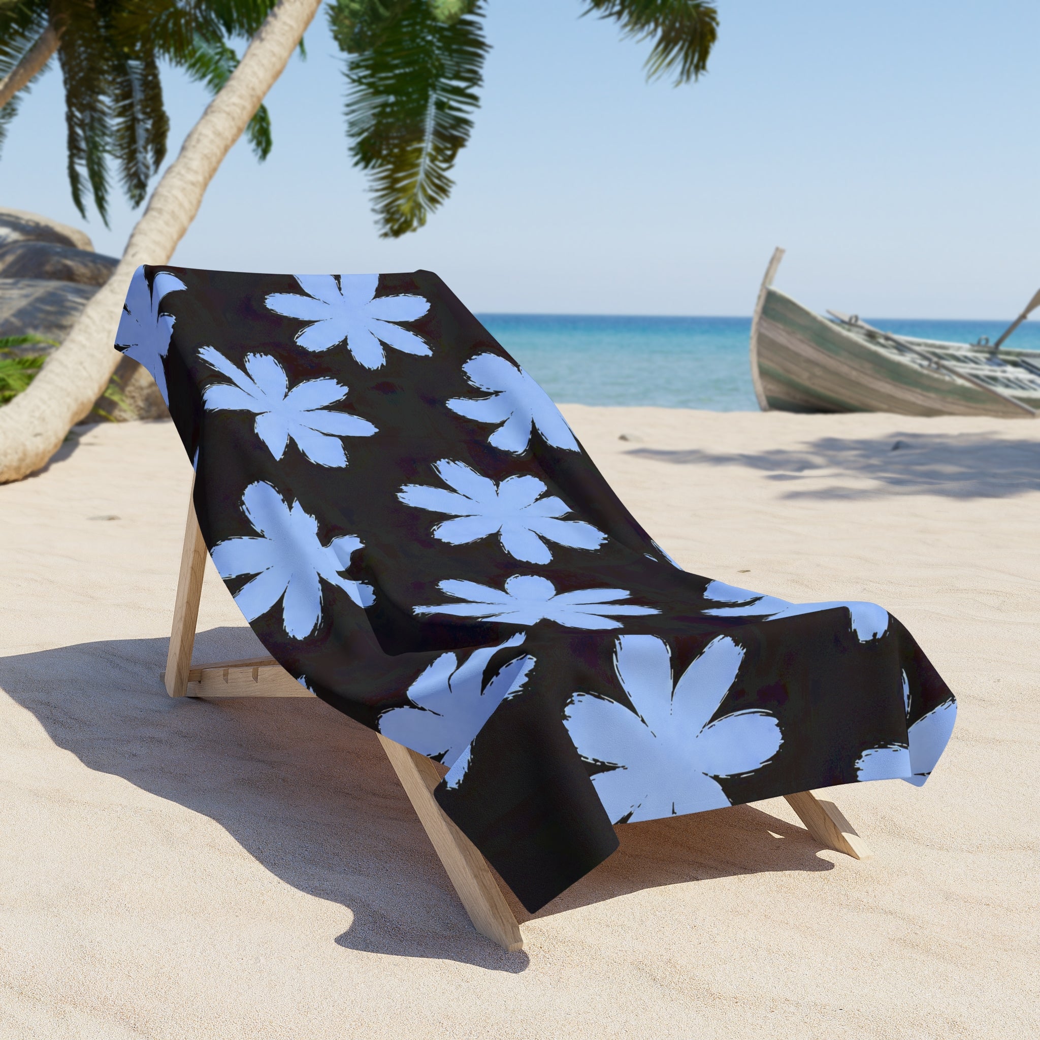 Blue Daisy Floral Beach Towel — Black Background Summer Beach Towel