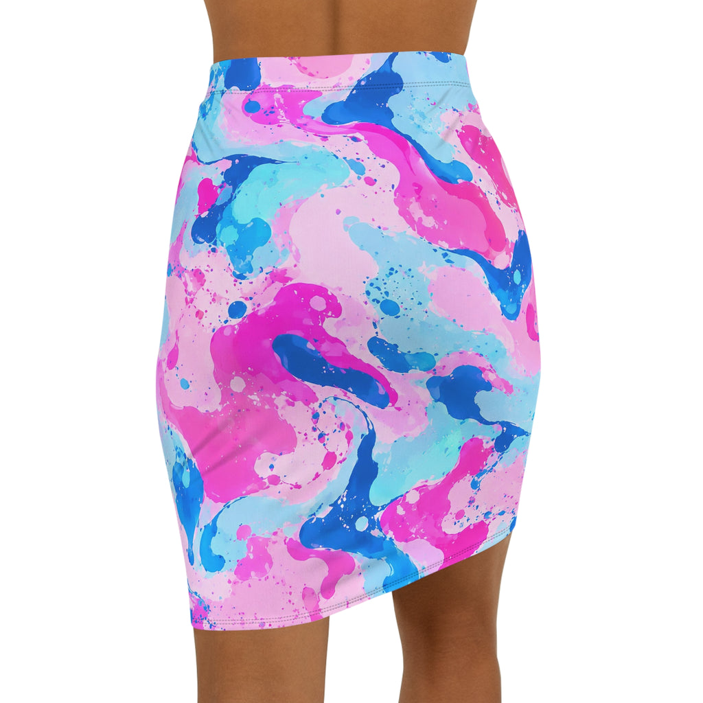 Abstract Watercolor Swirl Pencil Skirt — Pink & Blue AOP