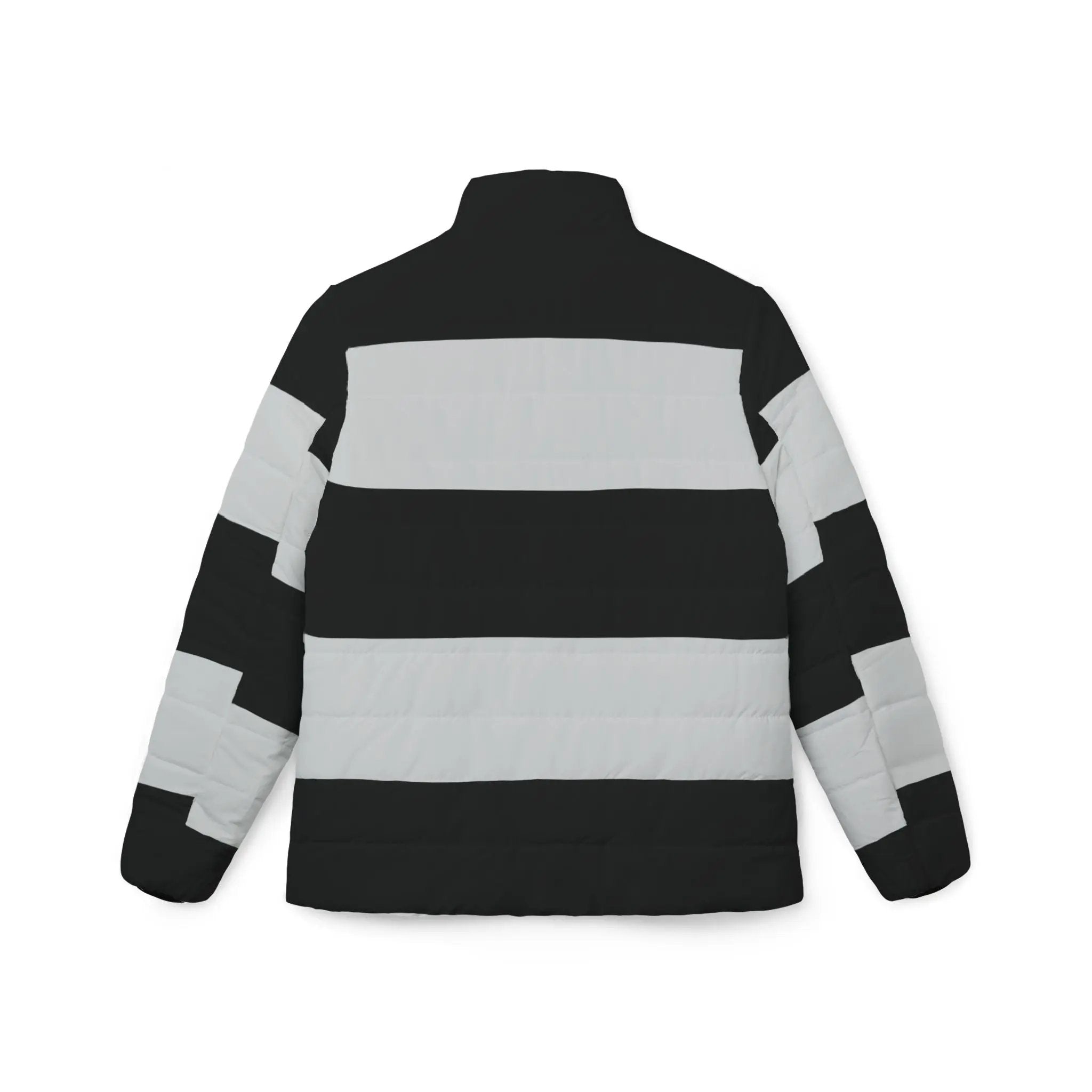 Black likes colors Stylish Women’s Puffer Jacket - Bold Stripes for Winter Adventure Printify