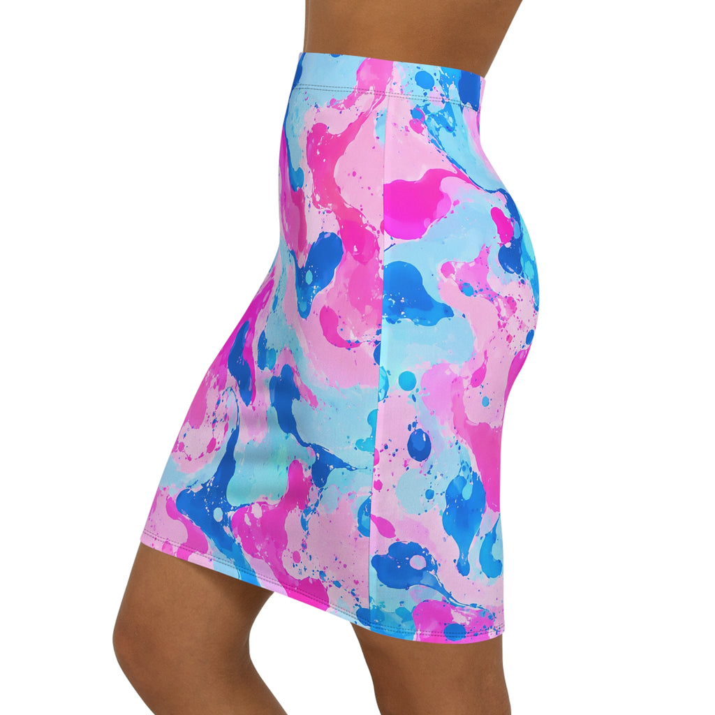 Abstract Watercolor Swirl Pencil Skirt — Pink & Blue AOP