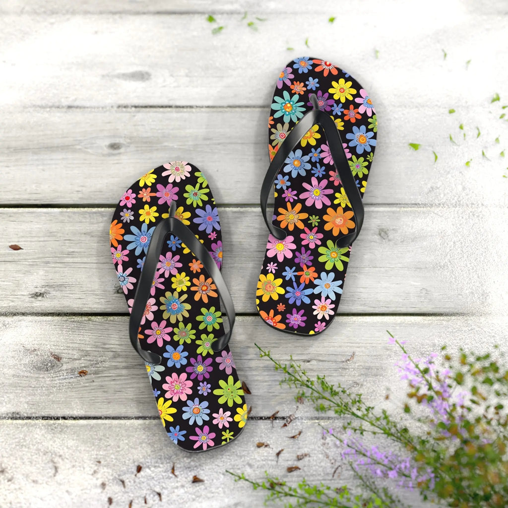 Black likes colors Bright Floral Flip Flops for Summer Fun Printify