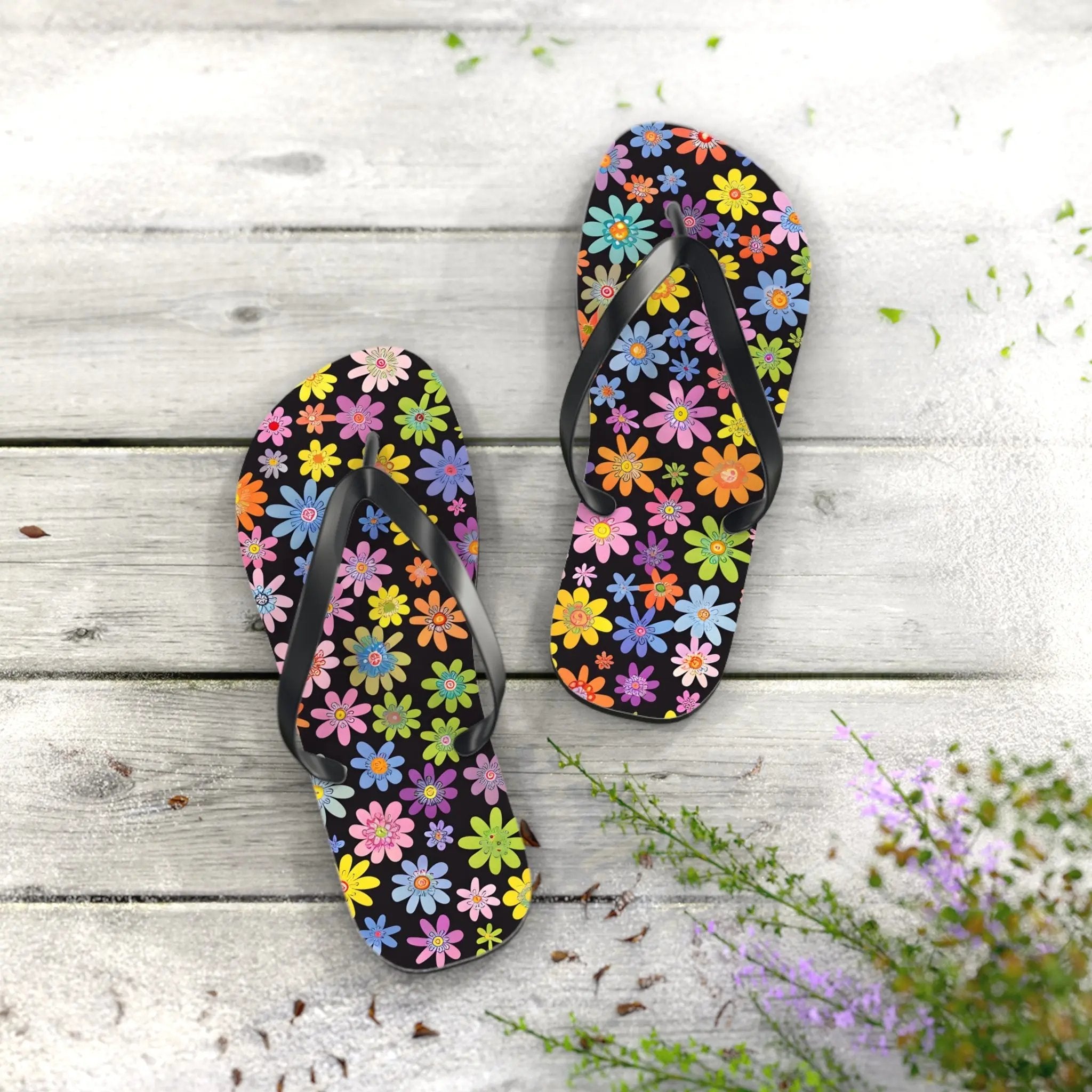 Black likes colors Bright Floral Flip Flops for Summer Fun Printify