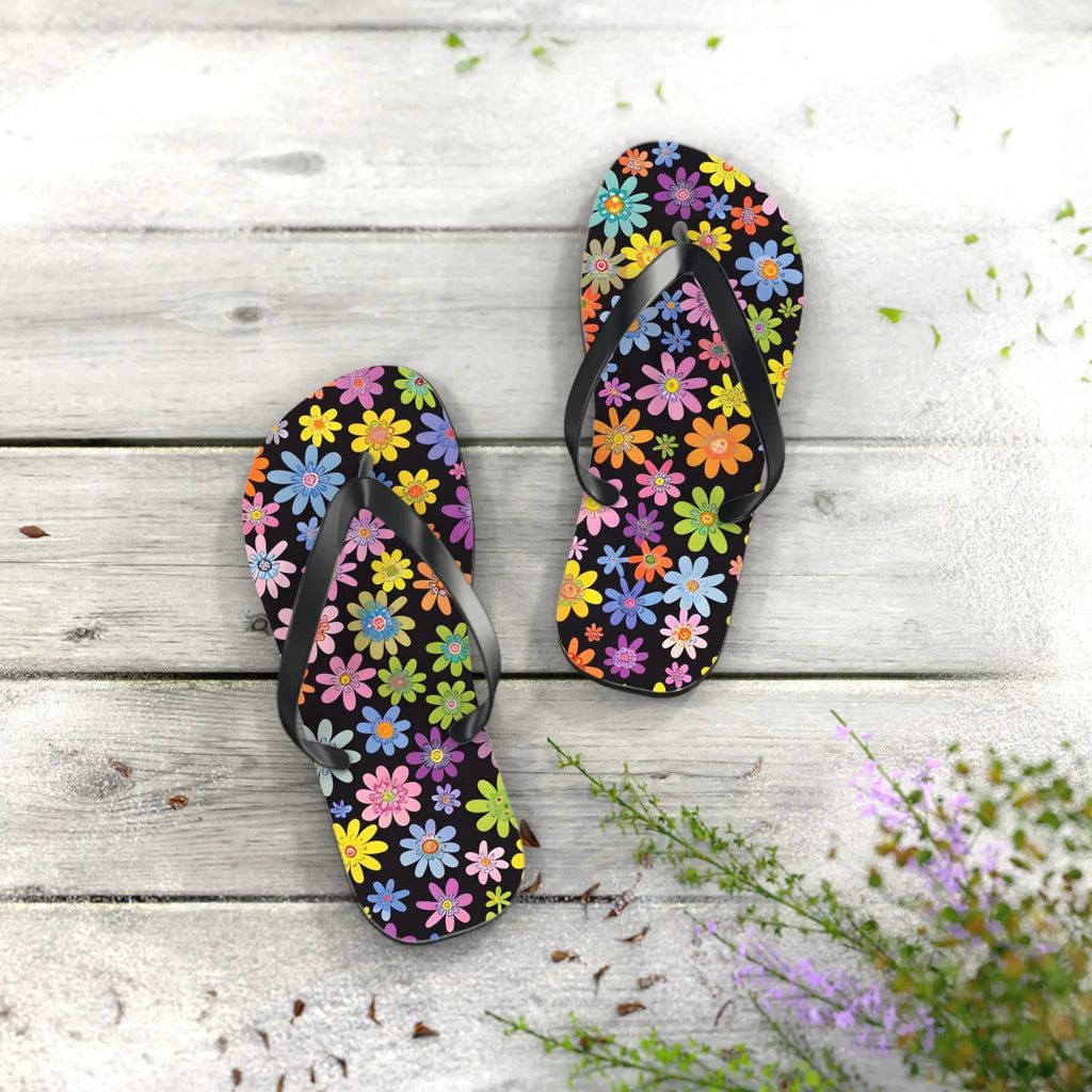 Black likes colors Bright Floral Flip Flops for Summer Fun Printify