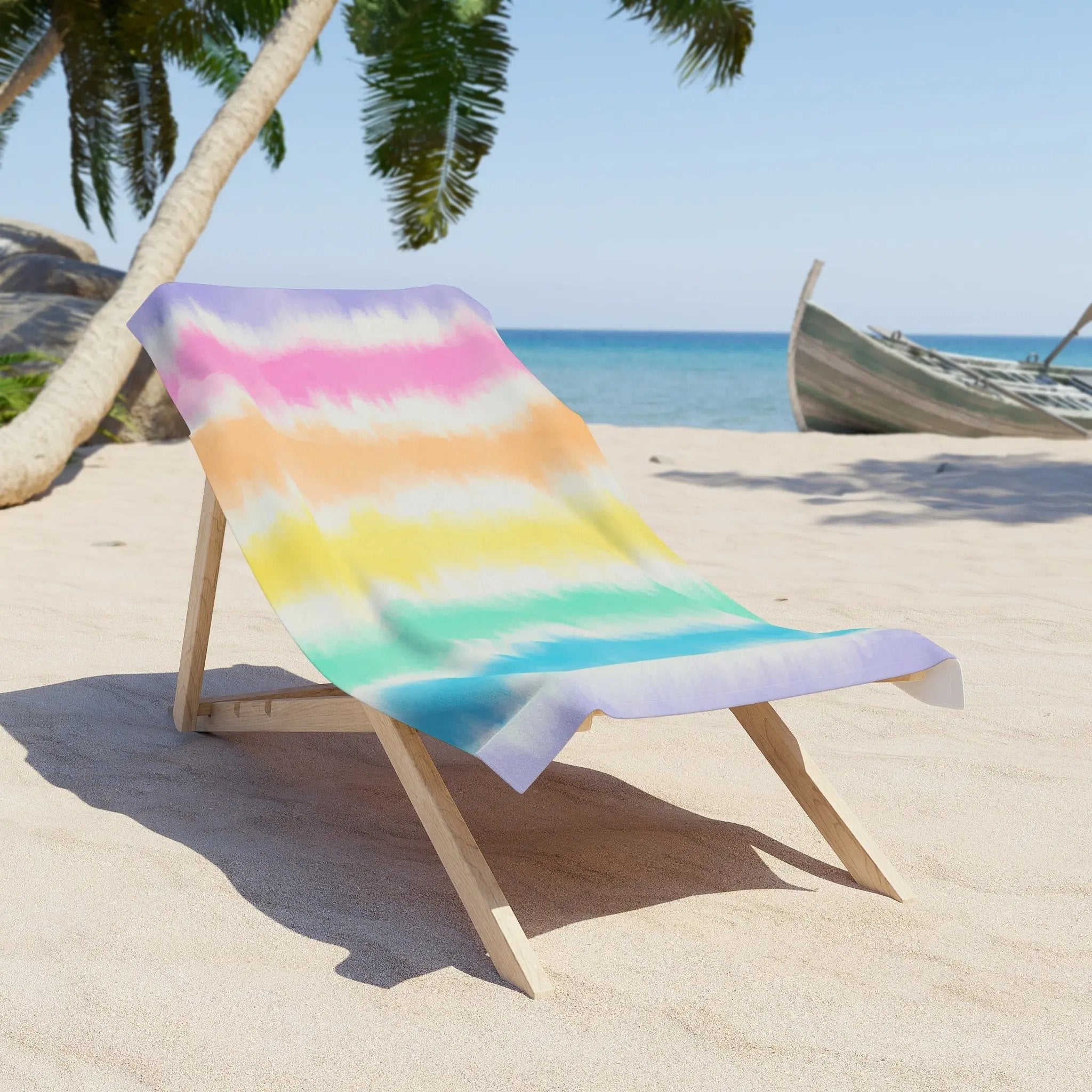 Like&Share Bright Pastel Beach Towel - Colorful Tie-Dye Design for Summer Fun Printify