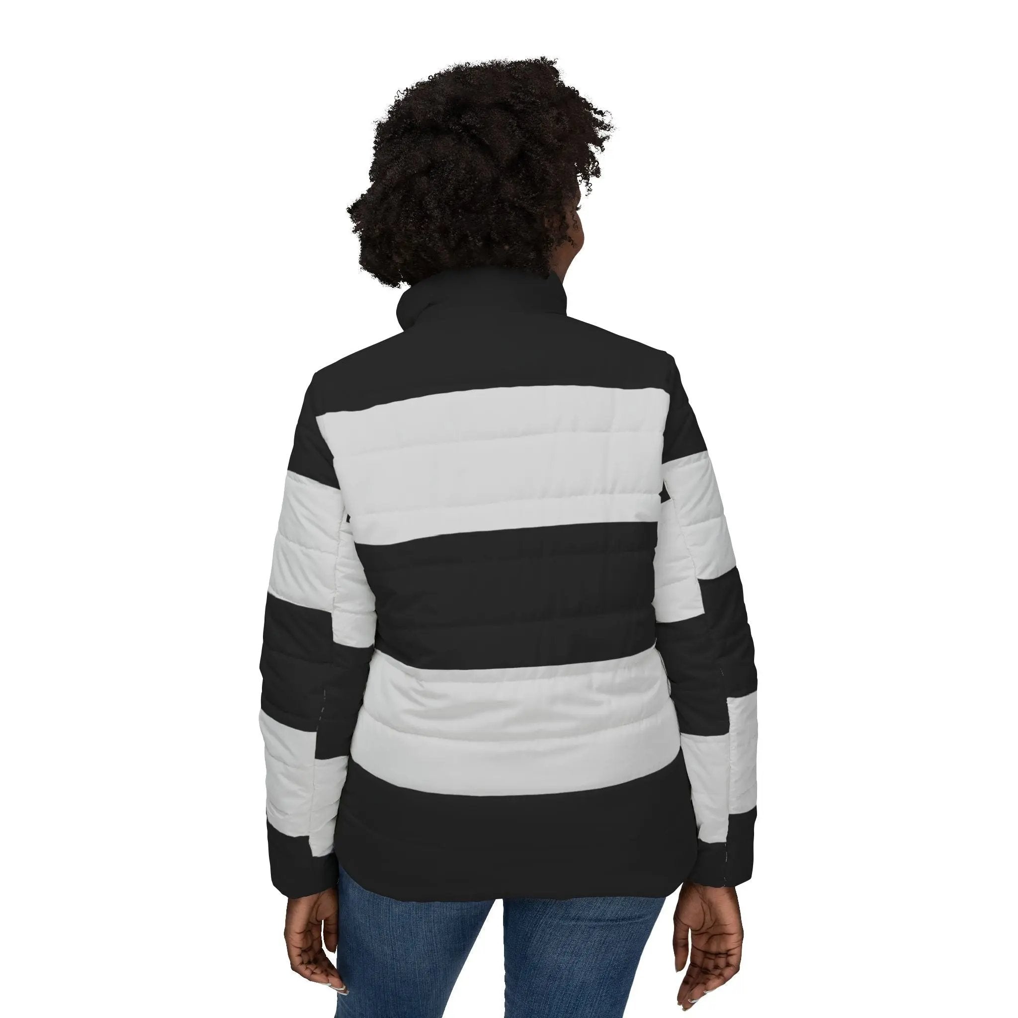 Black likes colors Stylish Women’s Puffer Jacket - Bold Stripes for Winter Adventure Printify