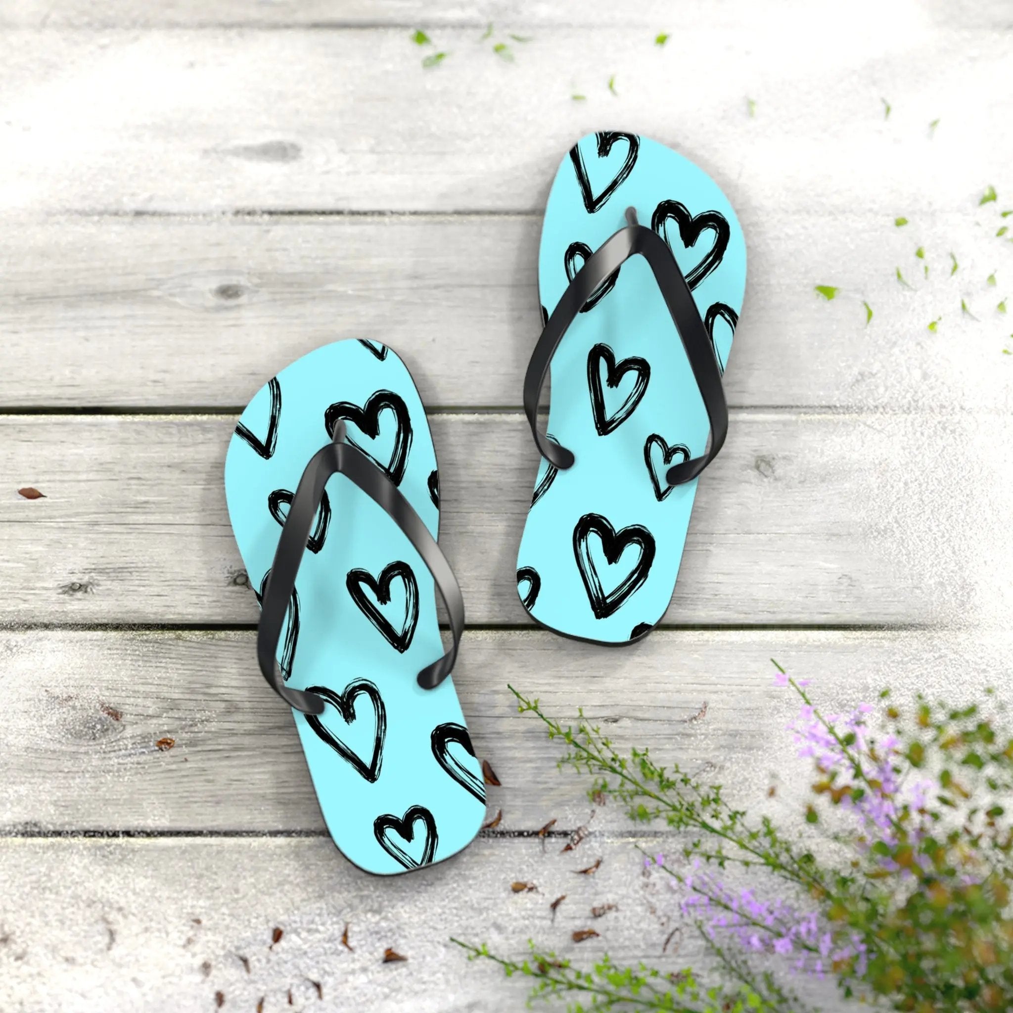 Like&Share Heart Print Flip Flops - Cute and Comfortable Summer Sandals Printify