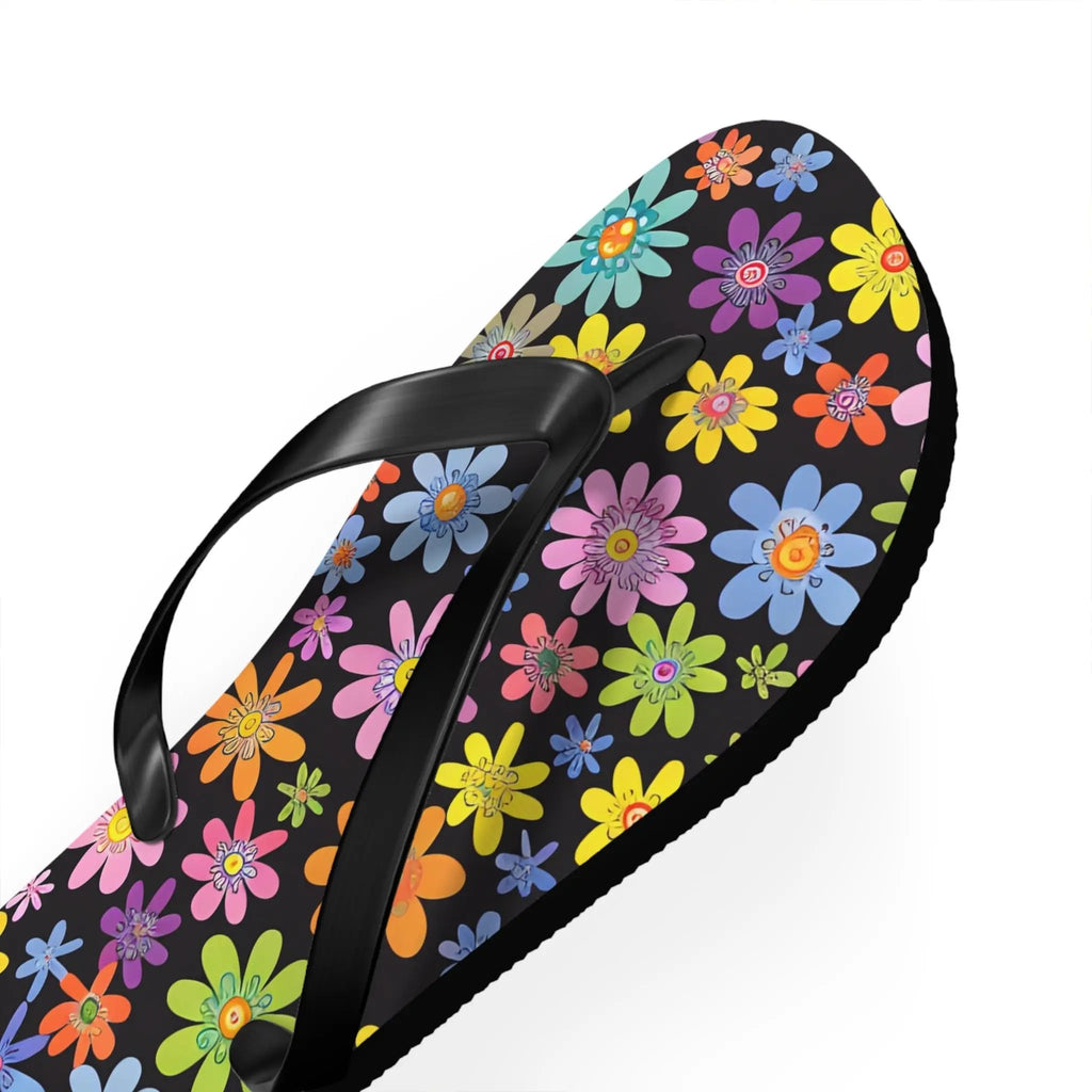 Black likes colors Bright Floral Flip Flops for Summer Fun Printify