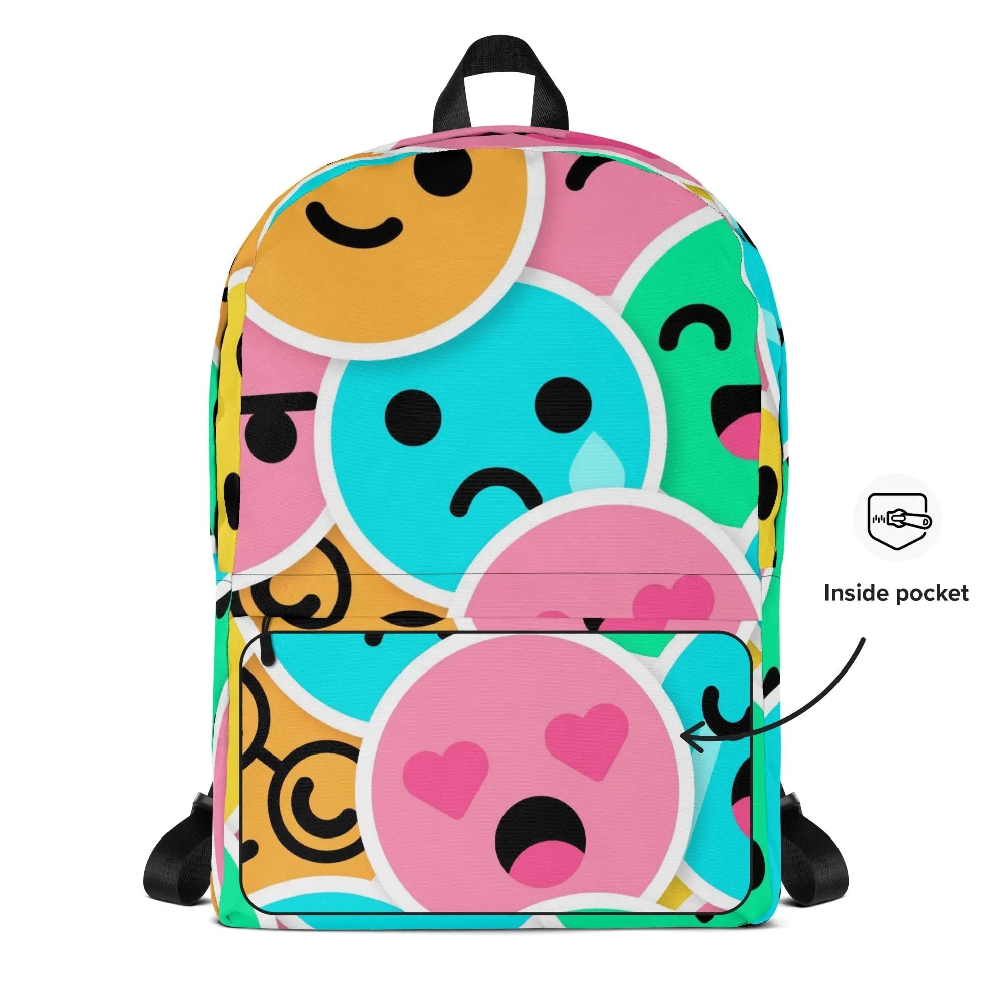 Colorful Like&Share Backpack with multiple emoji faces design, medium size, water-resistant, padded straps, and multiple zippered pockets including laptop compartment.