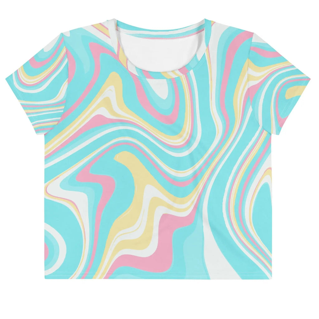 Colorful pastel swirl all-over print crop tee with smooth stretch fabric and regular fit