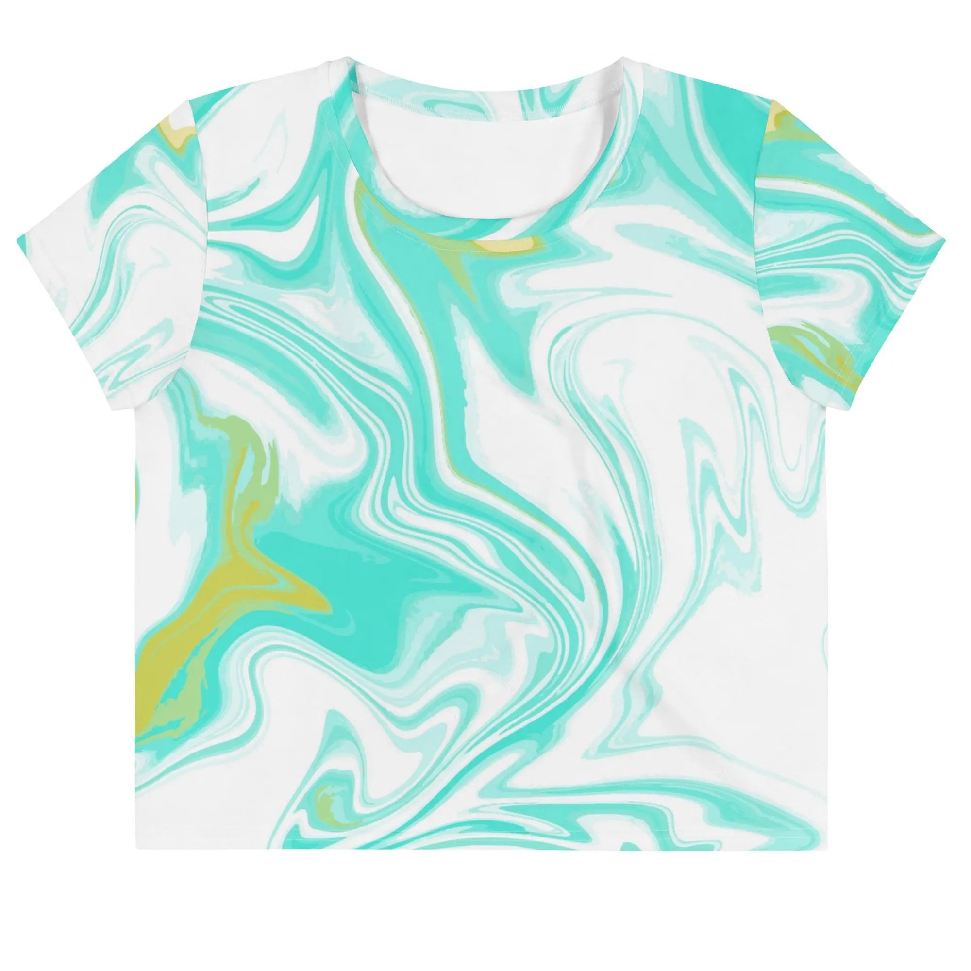 Like a star all-over print crop tee with teal and white marble swirl design, short sleeves, and regular fit.