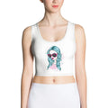 White POP Crop Top with blue-haired woman wearing pink sunglasses graphic, body-hugging fit, sleeveless design