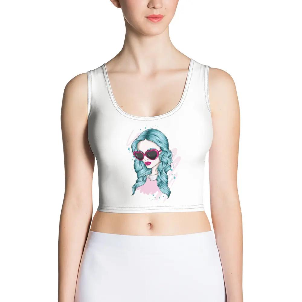 White POP Crop Top with blue-haired woman wearing pink sunglasses graphic, body-hugging fit, sleeveless design