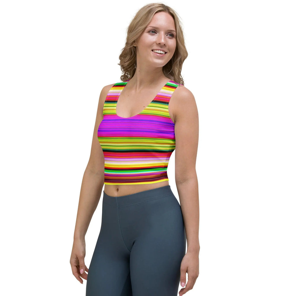 Woman wearing a colorful striped Like a star Crop Top with body-hugging fit and sleeveless design