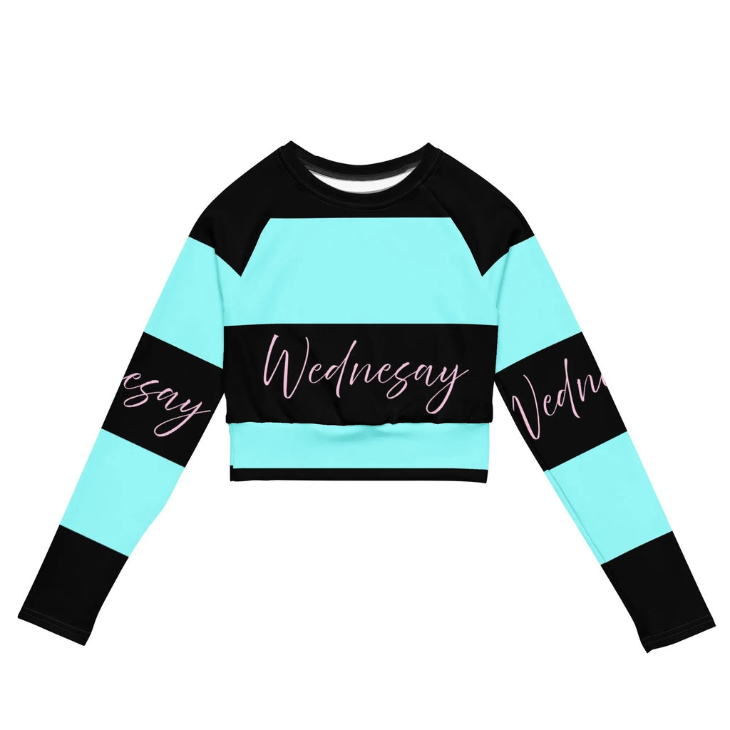 Recycled long-sleeve crop top with blue and black stripes and "Wednesday" text, eco-friendly fabric, comfortable fit.