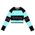 Recycled long-sleeve crop top with blue and black stripes and "Wednesday" text, eco-friendly fabric, comfortable fit.