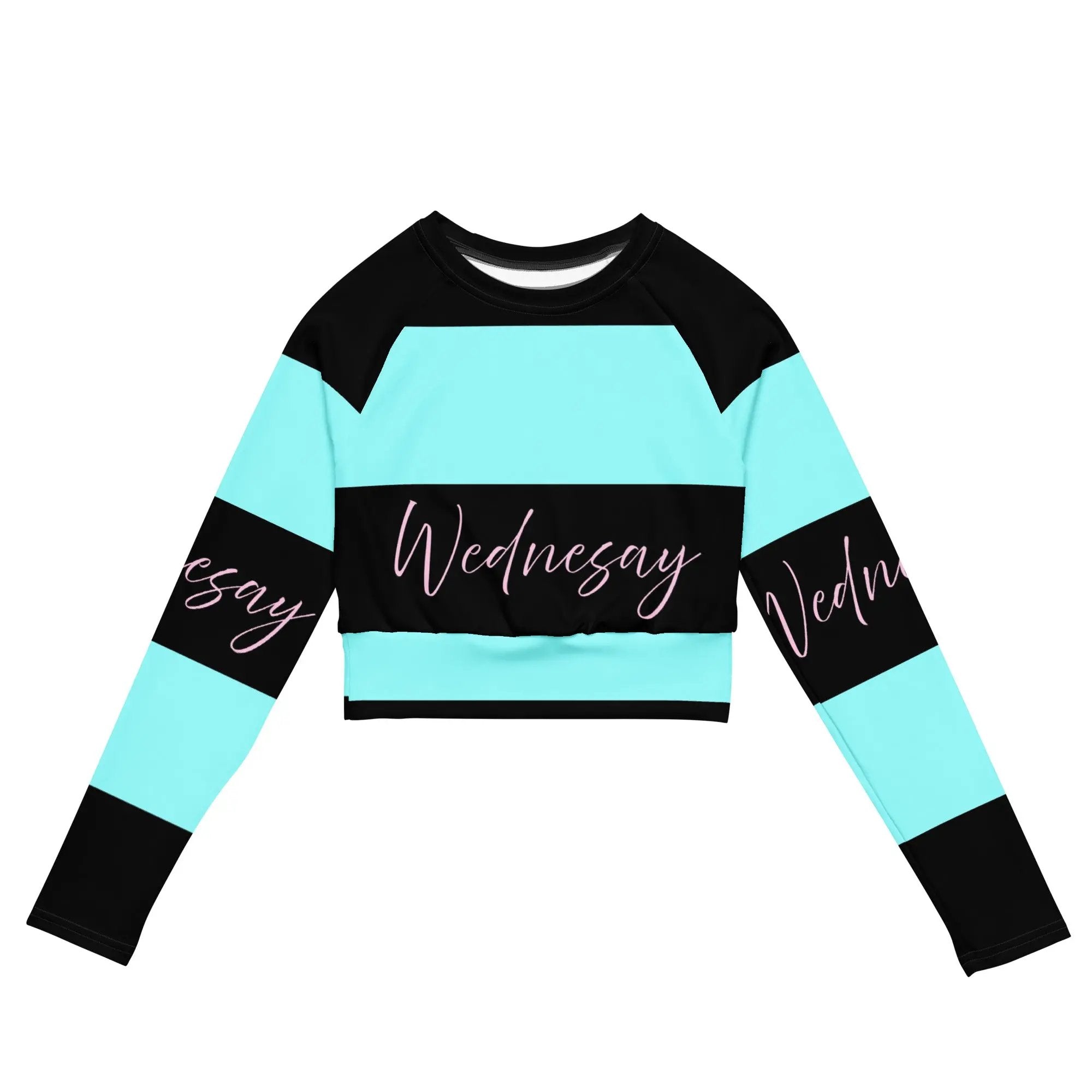Recycled long-sleeve crop top with blue and black stripes and "Wednesday" text, eco-friendly fabric, comfortable fit.
