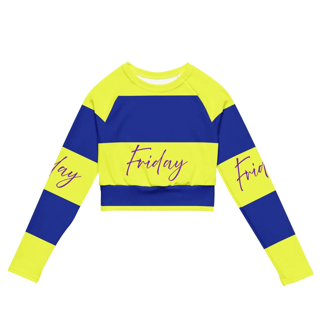 Recycled long-sleeve crop top with bold blue and yellow stripes and "Friday" text, eco-friendly fabric blend