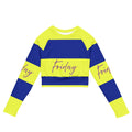 Recycled long-sleeve crop top with bold blue and yellow stripes and "Friday" text, eco-friendly fabric blend