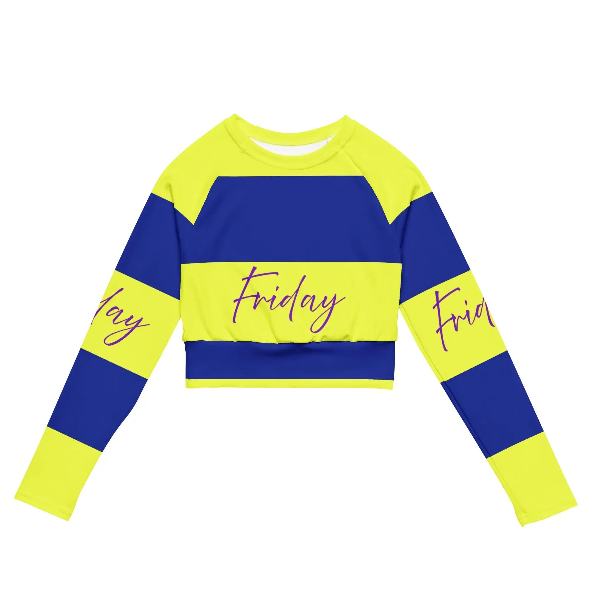 Recycled long-sleeve crop top with bold blue and yellow stripes and "Friday" text, eco-friendly fabric blend
