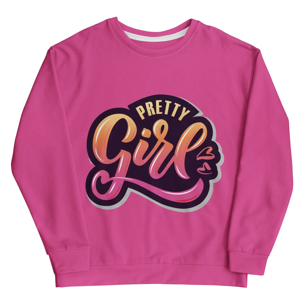 Pink unisex sweatshirt with "Pretty Girl" graphic in stylish font on front