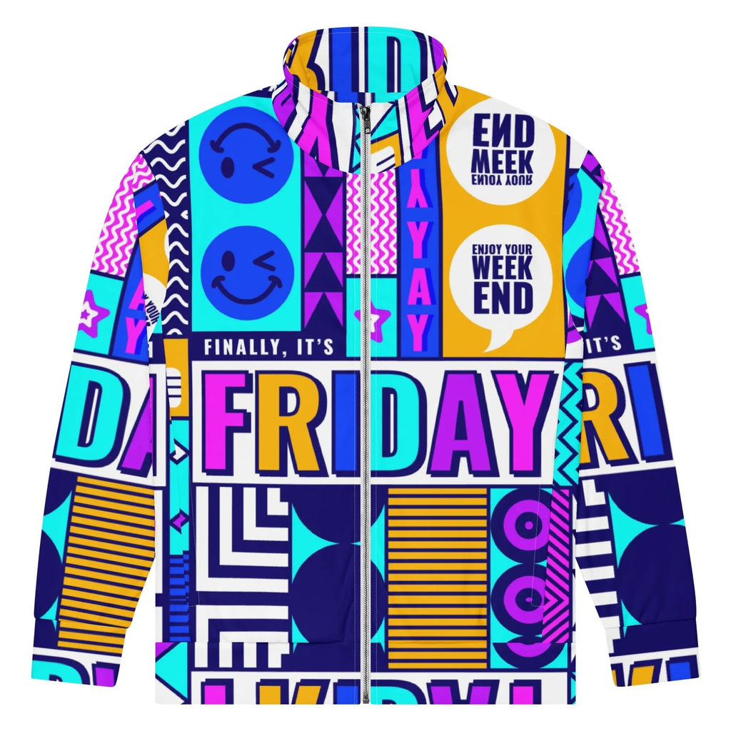 Colorful unisex track jacket with Friday theme, zip-up front, and bold graphic patterns.