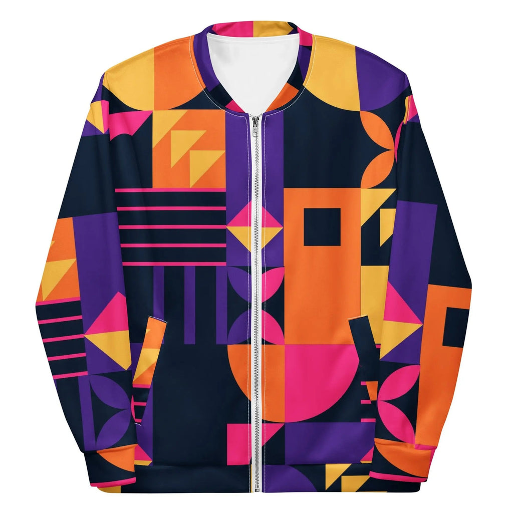 Colorful geometric patterned unisex bomber jacket with silver zipper and fleece lining
