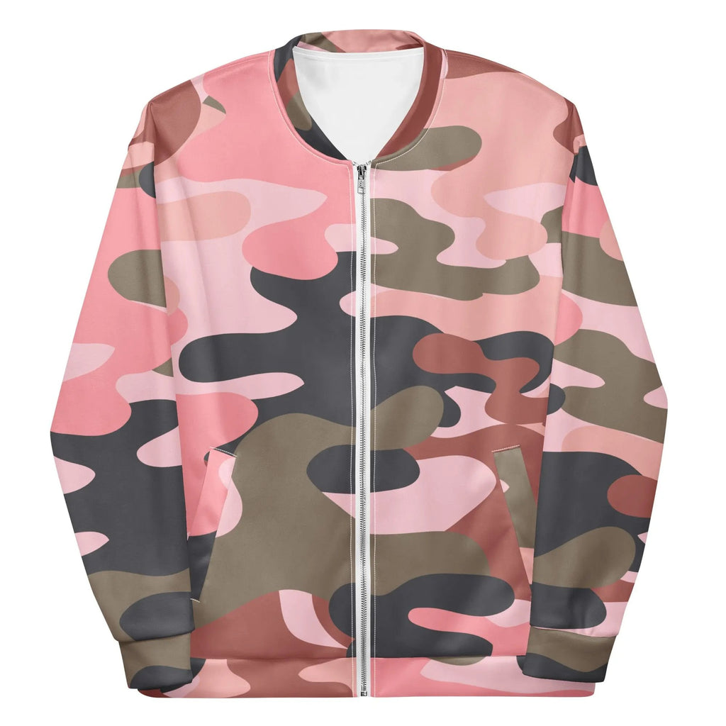 Like a girl unisex bomber jacket with pink and brown camouflage pattern, brushed fleece interior, silver zipper, and self-fabric pockets.