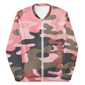 Like a girl unisex bomber jacket with pink and brown camouflage pattern, brushed fleece interior, silver zipper, and self-fabric pockets.