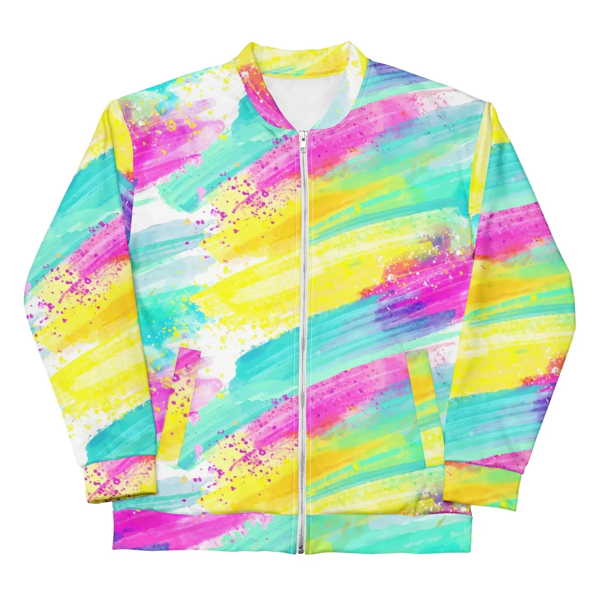 Colorful Like a star unisex bomber jacket with vibrant brushstroke design and silver zipper