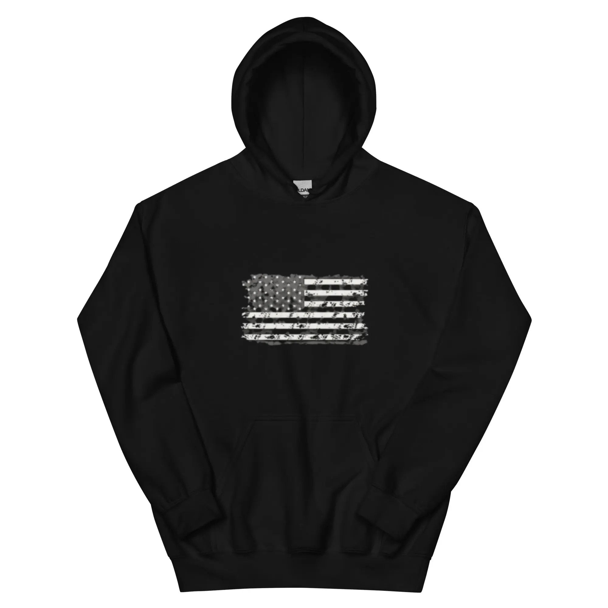 GLORY DAYS Unisex Hoodie black with distressed American flag print front pouch pocket
