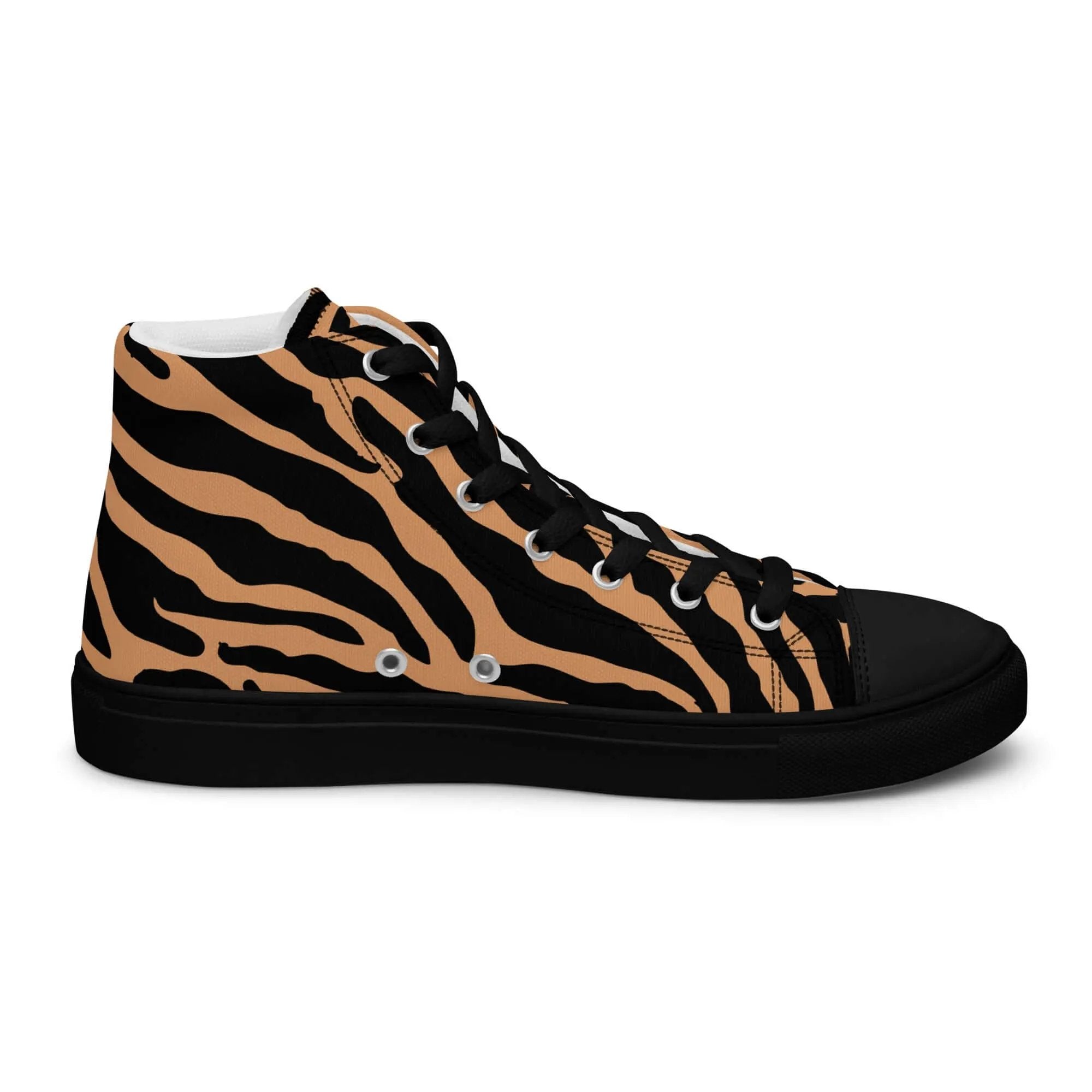 Women’s high top canvas shoe with black and brown tiger stripe pattern, black toe cap and sole, lace-up front, and padded collar.