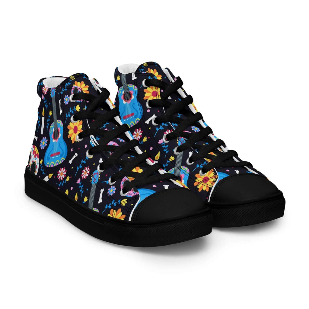 Women’s high top canvas shoes with black soles and laces, featuring colorful floral and guitar patterns on a black background.