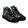 Women’s high top canvas shoes with black soles and laces, featuring colorful floral and guitar patterns on a black background.