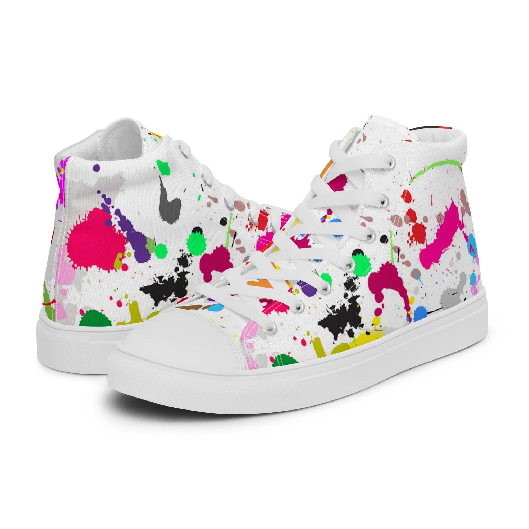 White women’s high top canvas shoes with colorful paint splatter design and lace-up front