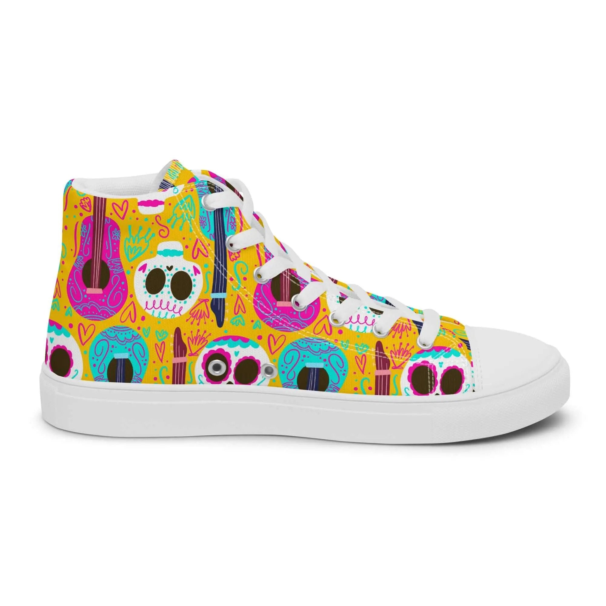 Women’s high top canvas shoe with colorful skull and guitar pattern, white faux leather toe cap, white laces, and white rubber outsole.