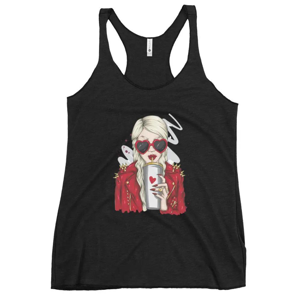 POP Women's Racerback Tank in black with graphic print of woman wearing heart-shaped sunglasses drinking coffee.