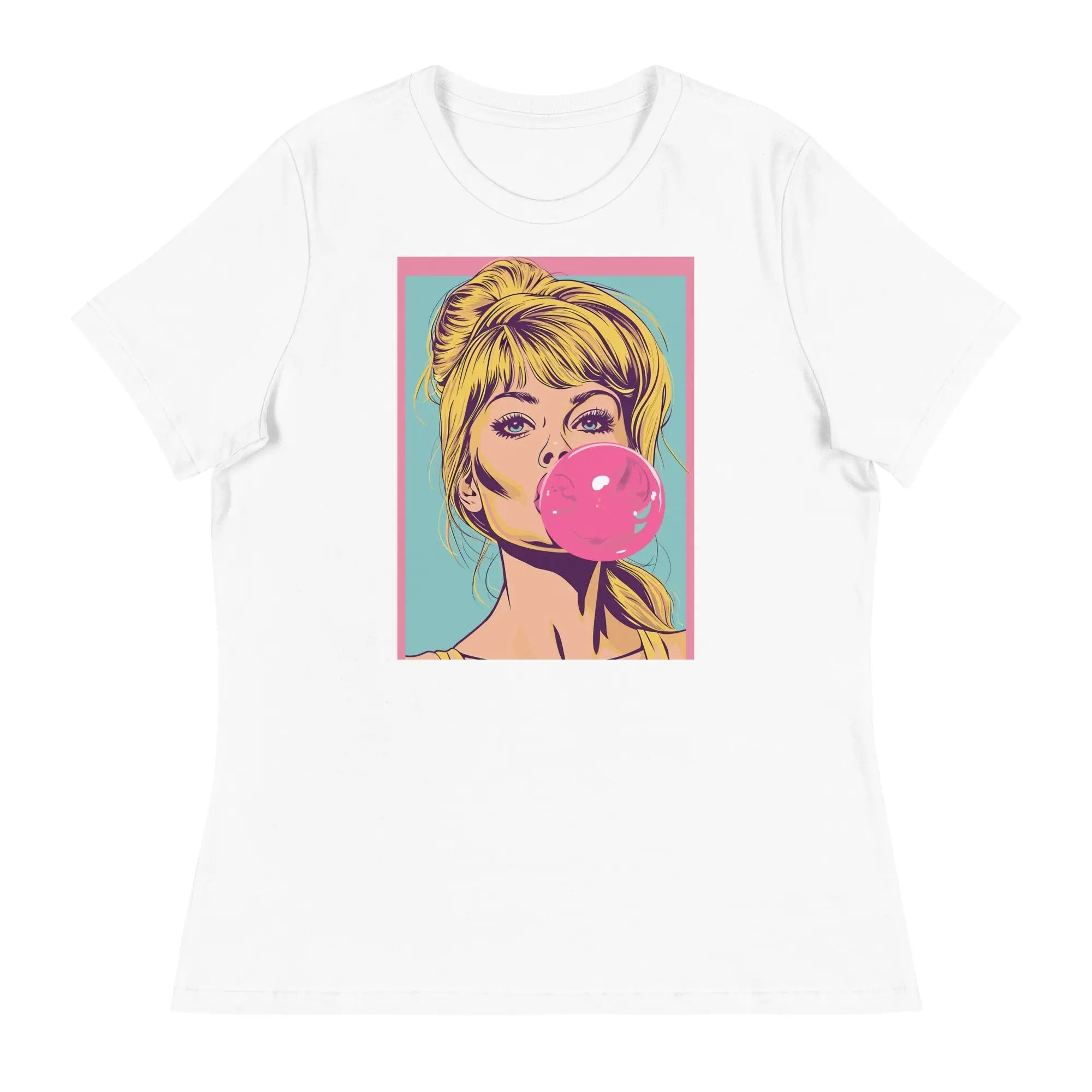 Women's relaxed fit white t-shirt with graphic of woman blowing pink bubble gum