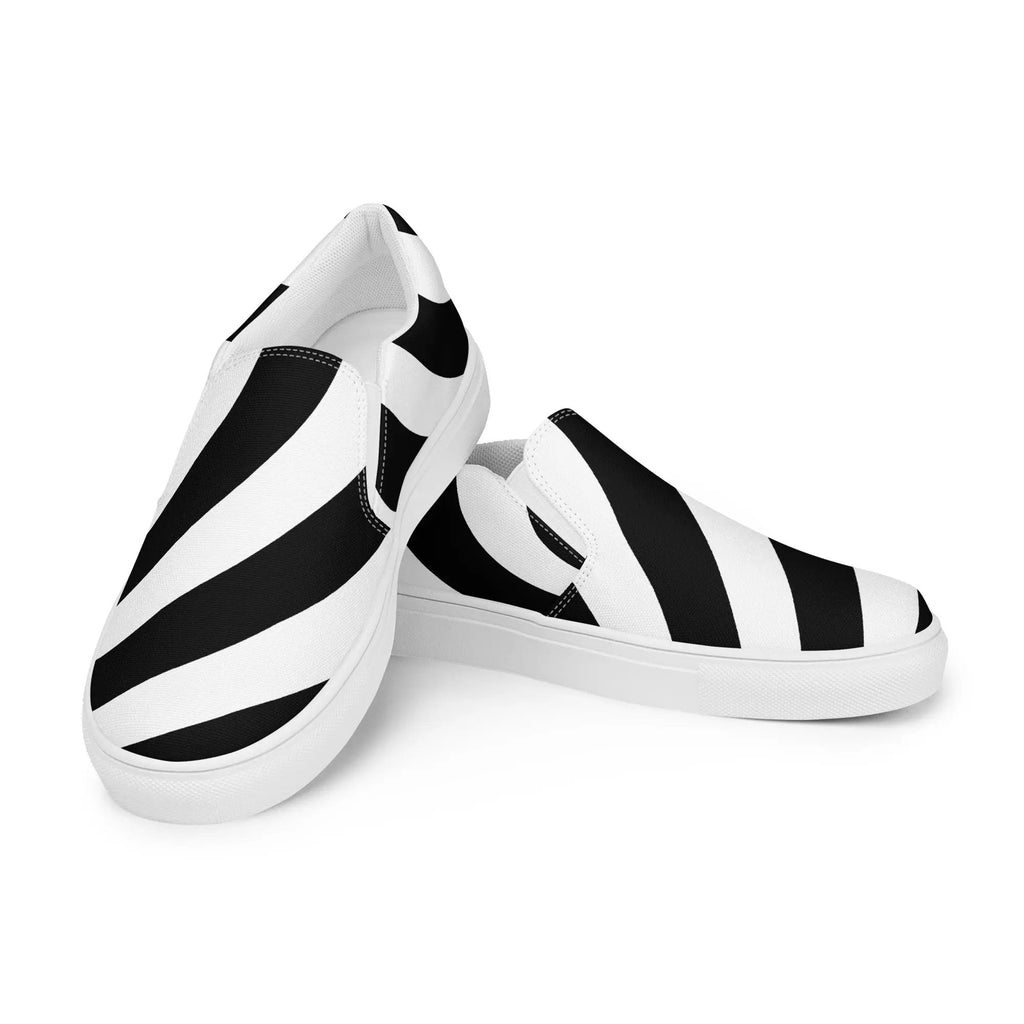 Black and white striped women's slip-on canvas shoes with rubber outsole and removable soft insoles